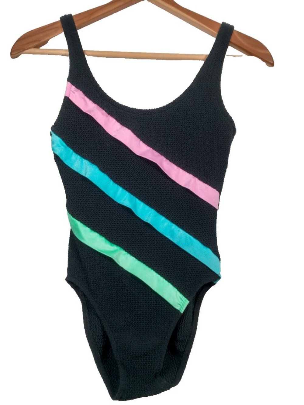 Vintage Mainstream Bathing Suit Size 10 Black Pastel Stripe Woven ILGWU Swim